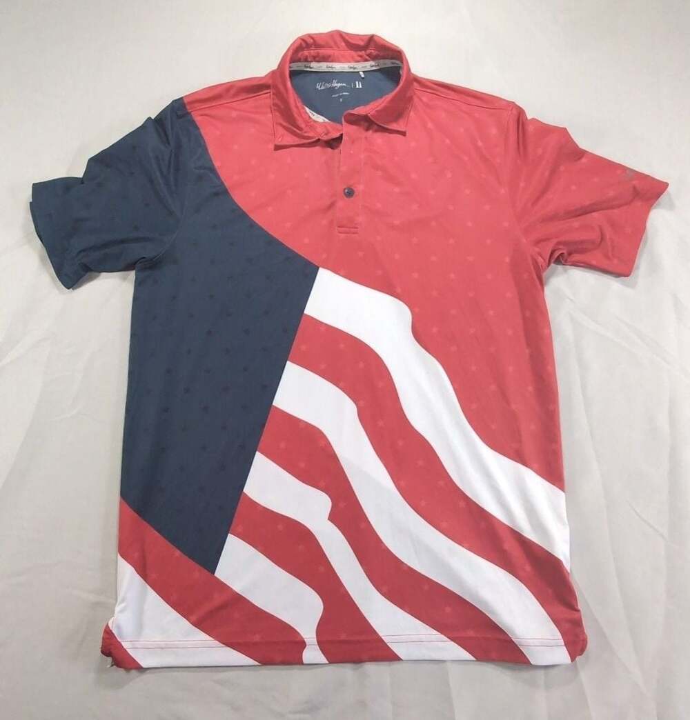 Walter Hagen Men Small USA Waving Flag Patriotic Red Polo Shirt